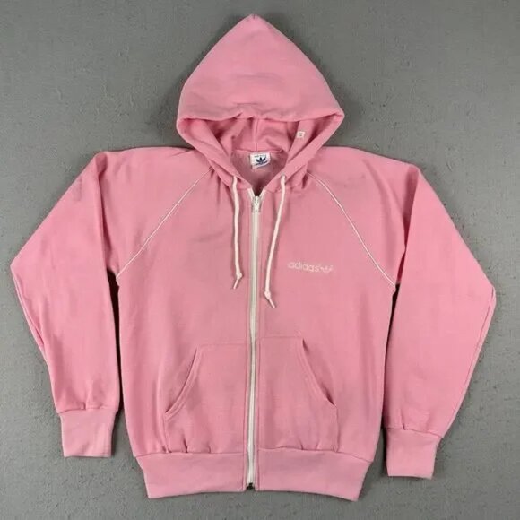 80s‎ Adidas Hoodie Womens Medium Pink Trefoil Full Zip Long Sleeve Sweatshirt - Picture 1 of 12